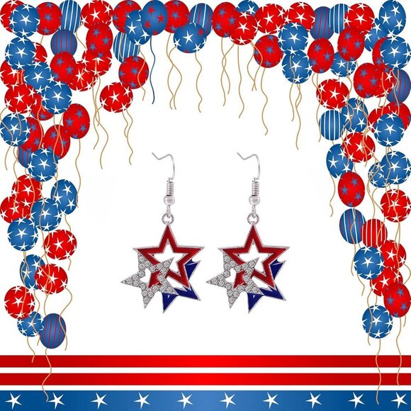 Women's White Blue Stripe American Flag USA Patriotic Dangle Earrings - Picture 3 of 6